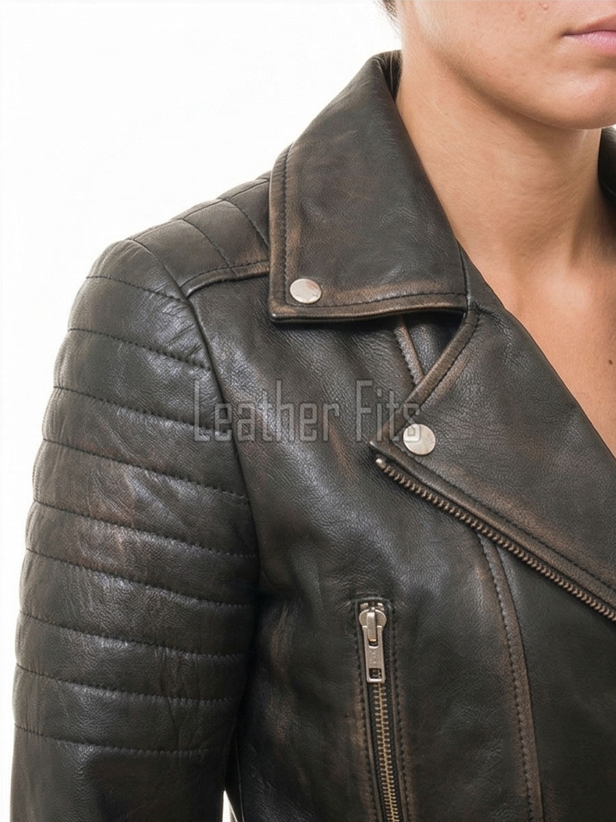 Vintage Distressed Cropped Moto Jacket - Women's Genuine Cowhide Asymmetric Zip Outerwear Ribbed Shoulder Panel Antique Finish Short Garment