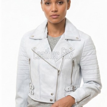 Vintage Distressed Cropped Moto Jacket - Women's Genuine Cowhide Asymmetric Zip Outerwear Ribbed Shoulder Panel Antique Finish Short Garment