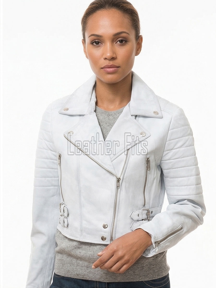 Vintage Distressed Cropped Moto Jacket - Women's Genuine Cowhide Asymmetric Zip Outerwear Ribbed Shoulder Panel Antique Finish Short Garment