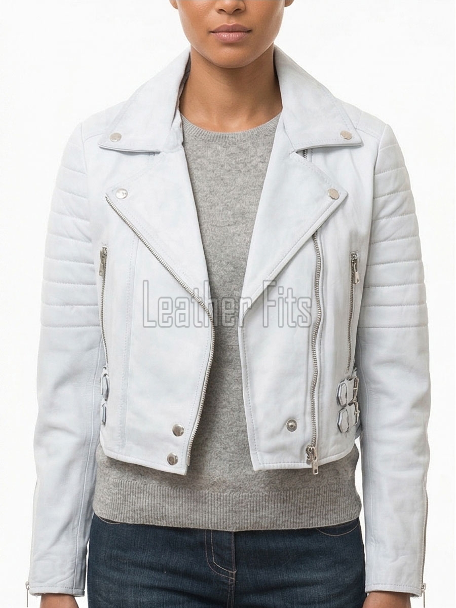 Vintage Distressed Cropped Moto Jacket - Women's Genuine Cowhide Asymmetric Zip Outerwear Ribbed Shoulder Panel Antique Finish Short Garment