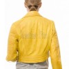 Radiant Canary Yellow Cropped Moto Jacket - Women's Genuine Lambskin Asymmetric Zip Outerwear Ribbed Shoulder Detail Side Buckle Short Garment