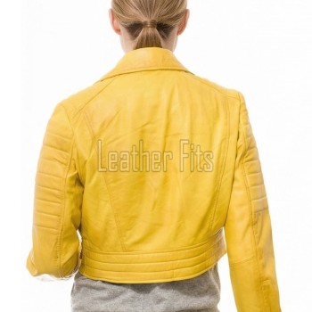Radiant Canary Yellow Cropped Moto Jacket - Women's Genuine Lambskin Asymmetric Zip Outerwear Ribbed Shoulder Detail Side Buckle Short Garment