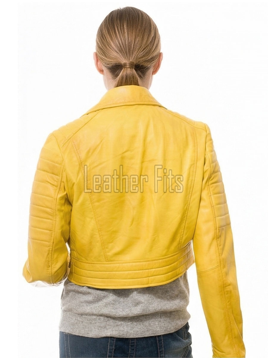 Radiant Canary Yellow Cropped Moto Jacket - Women's Genuine Lambskin Asymmetric Zip Outerwear Ribbed Shoulder Detail Side Buckle Short Garment