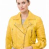 Radiant Canary Yellow Cropped Moto Jacket - Women's Genuine Lambskin Asymmetric Zip Outerwear Ribbed Shoulder Detail Side Buckle Short Garment