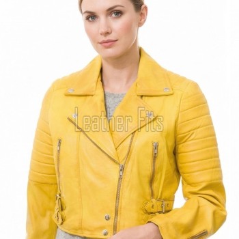 Radiant Canary Yellow Cropped Moto Jacket - Women's Genuine Lambskin Asymmetric Zip Outerwear Ribbed Shoulder Detail Side Buckle Short Garment