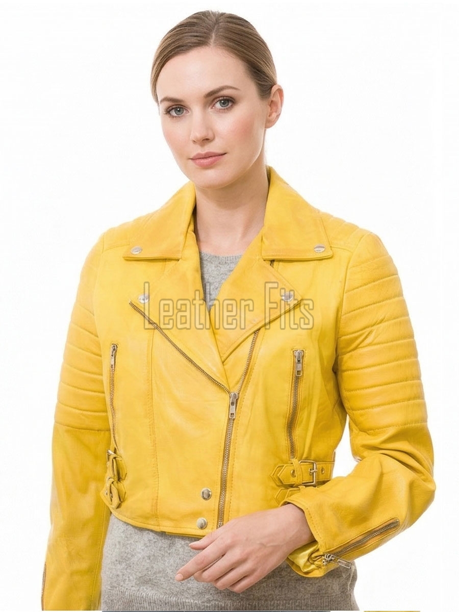 Radiant Canary Yellow Cropped Moto Jacket - Women's Genuine Lambskin Asymmetric Zip Outerwear Ribbed Shoulder Detail Side Buckle Short Garment