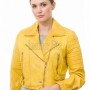Radiant Canary Yellow Cropped Moto Jacket - Women's Genuine Lambskin Asymmetric Zip Outerwear Ribbed Shoulder Detail Side Buckle Short Garment