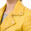 Radiant Canary Yellow Cropped Moto Jacket - Women's Genuine Lambskin Asymmetric Zip Outerwear Ribbed Shoulder Detail Side Buckle Short Garment