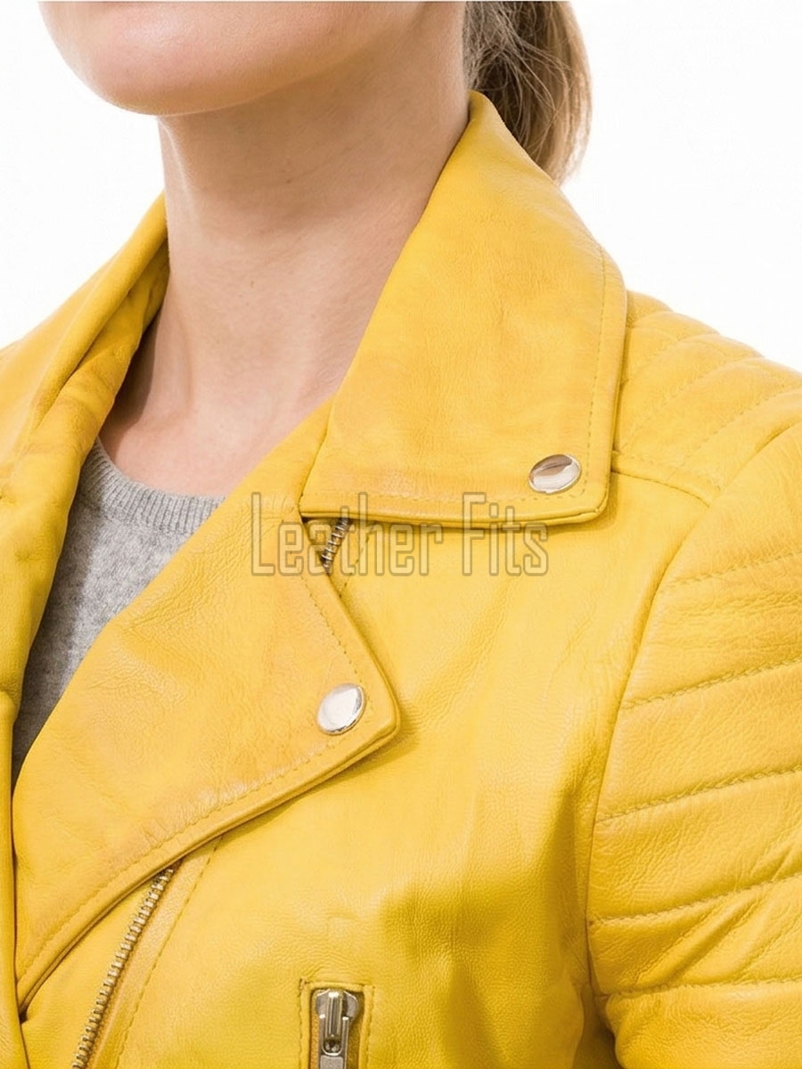 Radiant Canary Yellow Cropped Moto Jacket - Women's Genuine Lambskin Asymmetric Zip Outerwear Ribbed Shoulder Detail Side Buckle Short Garment