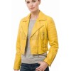 Radiant Canary Yellow Cropped Moto Jacket - Women's Genuine Lambskin Asymmetric Zip Outerwear Ribbed Shoulder Detail Side Buckle Short Garment