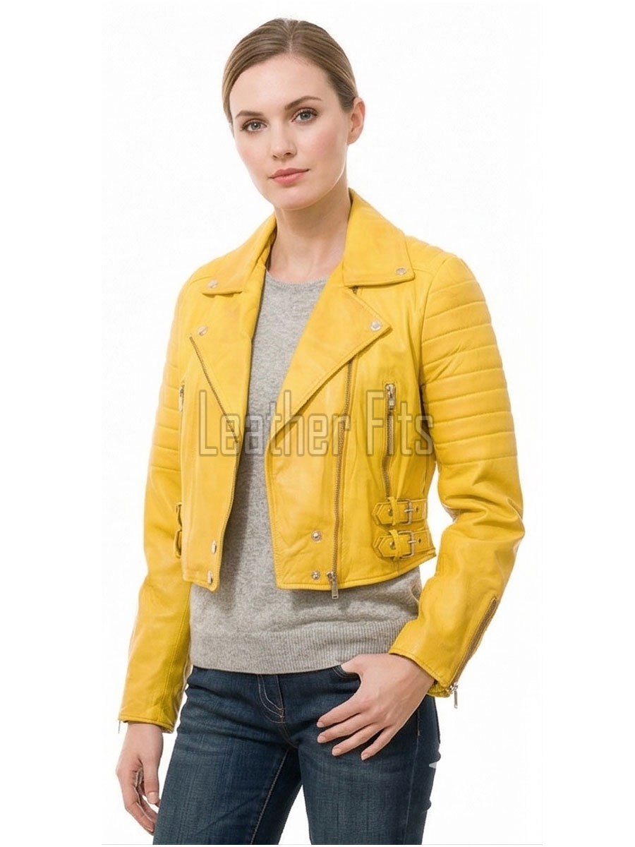 Radiant Canary Yellow Cropped Moto Jacket - Women's Genuine Lambskin Asymmetric Zip Outerwear Ribbed Shoulder Detail Side Buckle Short Garment