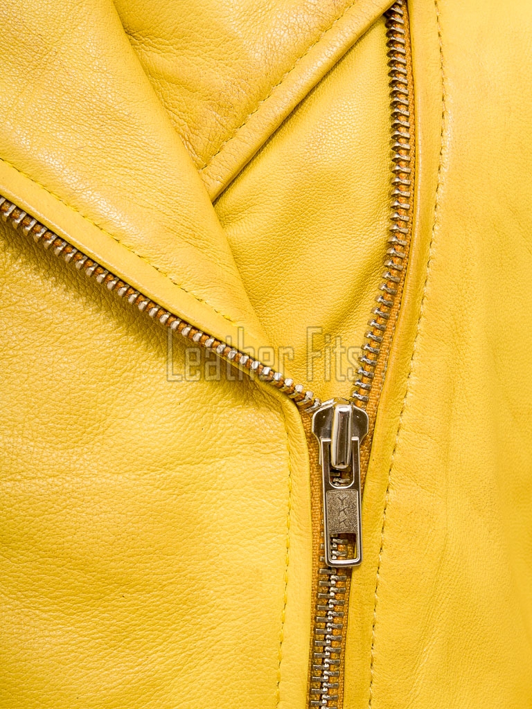 Radiant Canary Yellow Cropped Moto Jacket - Women's Genuine Lambskin Asymmetric Zip Outerwear Ribbed Shoulder Detail Side Buckle Short Garment