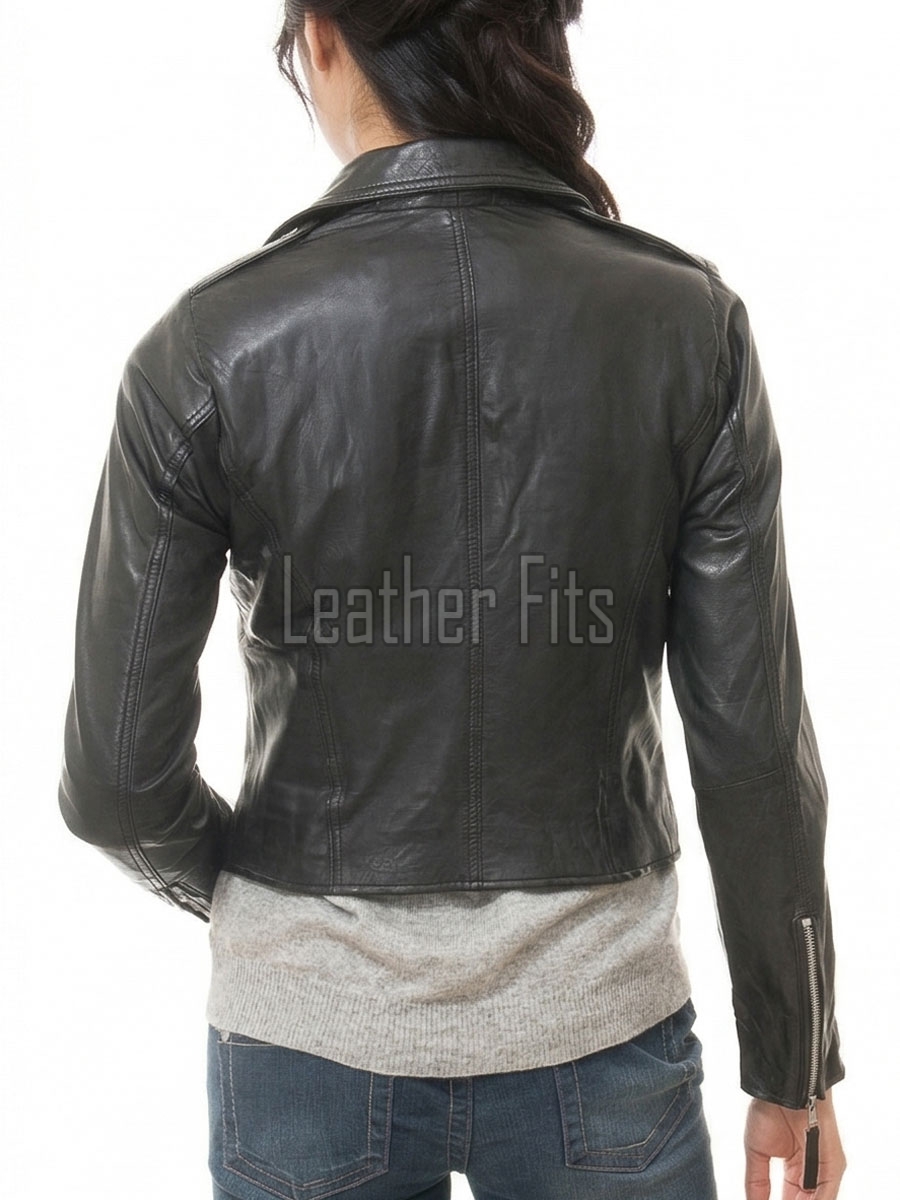 Sleek Onyx Black Cropped Moto Jacket - Women's Genuine Lambskin Asymmetric Zip Outerwear Clean Back Panel Zippered Pocket Short Garment