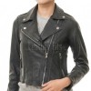 Sleek Onyx Black Cropped Moto Jacket - Women's Genuine Lambskin Asymmetric Zip Outerwear Clean Back Panel Zippered Pocket Short Garment