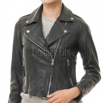 Sleek Onyx Black Cropped Moto Jacket - Women's Genuine Lambskin Asymmetric Zip Outerwear Clean Back Panel Zippered Pocket Short Garment