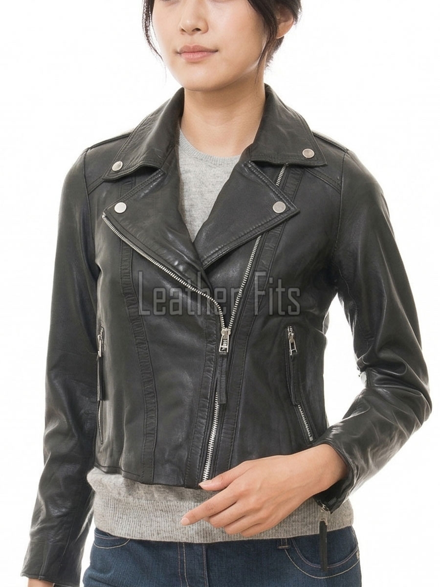 Sleek Onyx Black Cropped Moto Jacket - Women's Genuine Lambskin Asymmetric Zip Outerwear Clean Back Panel Zippered Pocket Short Garment
