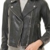 Sleek Onyx Black Cropped Moto Jacket - Women's Genuine Lambskin Asymmetric Zip Outerwear Clean Back Panel Zippered Pocket Short Garment