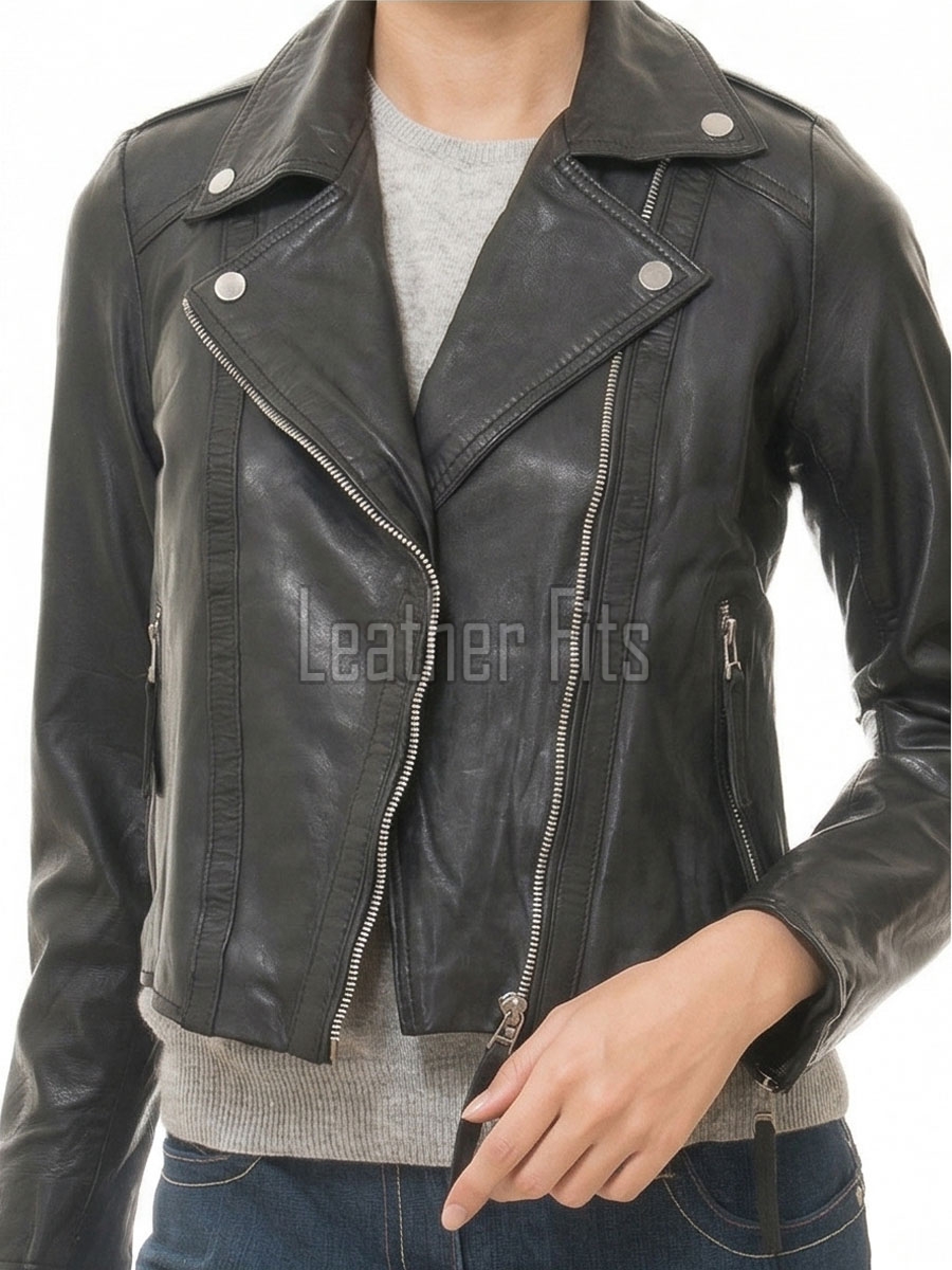 Sleek Onyx Black Cropped Moto Jacket - Women's Genuine Lambskin Asymmetric Zip Outerwear Clean Back Panel Zippered Pocket Short Garment
