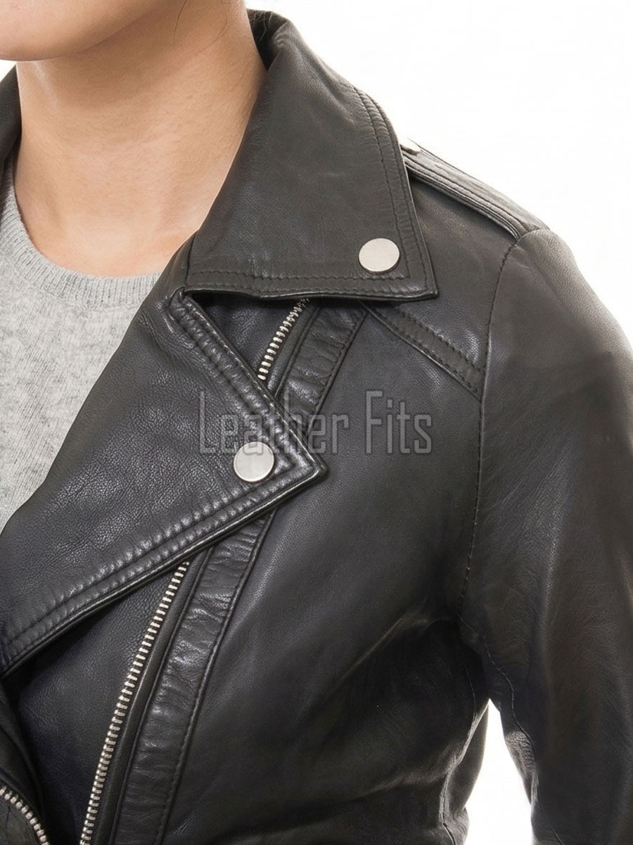 Sleek Onyx Black Cropped Moto Jacket - Women's Genuine Lambskin Asymmetric Zip Outerwear Clean Back Panel Zippered Pocket Short Garment