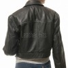 Refined Black Stand Collar Cropped Leather Jacket - Women's Genuine Cowhide Central Zip Outerwear Western Yoke Banded Hem Short Garment