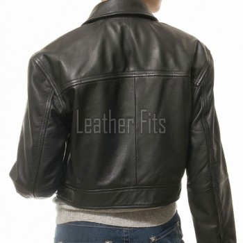 Refined Black Stand Collar Cropped Leather Jacket - Women's Genuine Cowhide Central Zip Outerwear Western Yoke Banded Hem Short Garment