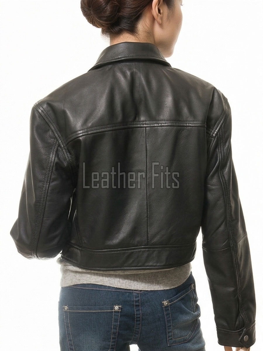 Refined Black Stand Collar Cropped Leather Jacket - Women's Genuine Cowhide Central Zip Outerwear Western Yoke Banded Hem Short Garment
