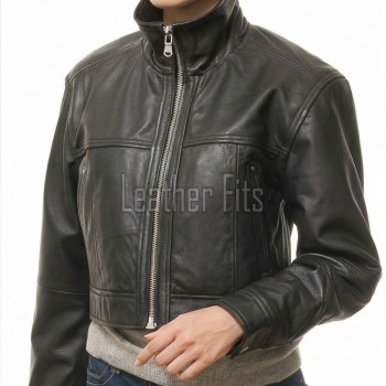 Refined Black Stand Collar Cropped Leather Jacket - Women's Genuine Cowhide Central Zip Outerwear Western Yoke Banded Hem Short Garment