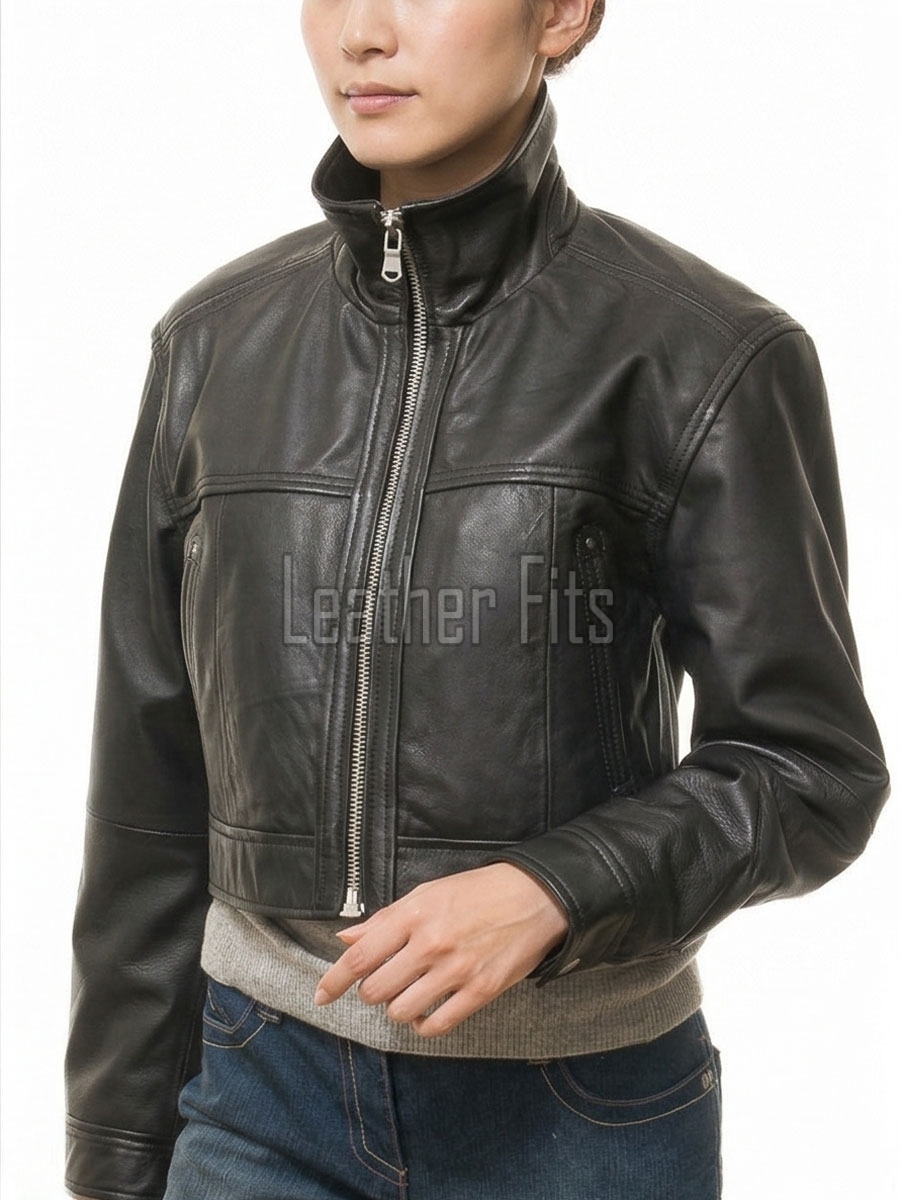 Refined Black Stand Collar Cropped Leather Jacket - Women's Genuine Cowhide Central Zip Outerwear Western Yoke Banded Hem Short Garment