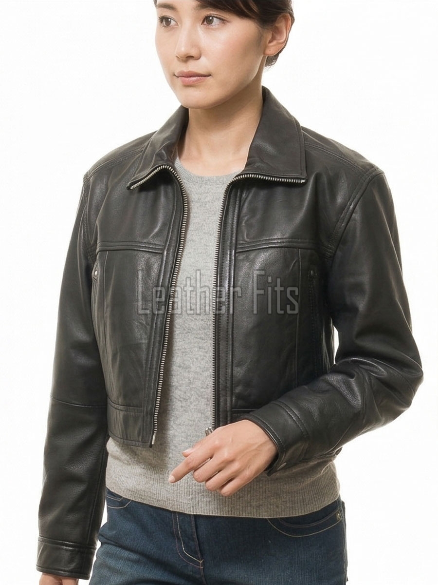 Refined Black Stand Collar Cropped Leather Jacket - Women's Genuine Cowhide Central Zip Outerwear Western Yoke Banded Hem Short Garment