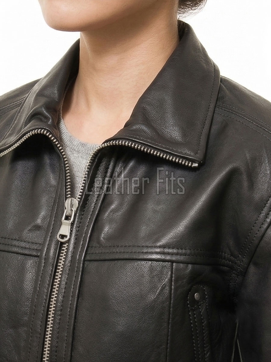 Refined Black Stand Collar Cropped Leather Jacket - Women's Genuine Cowhide Central Zip Outerwear Western Yoke Banded Hem Short Garment