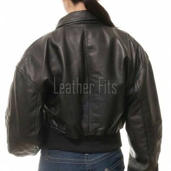 Bold Black Boxy Cropped Aviator Jacket - Women's Premium Lambskin Central Zip Outerwear Ribbed Elastic Hem Sleeve Utility Pocket Short Garment
