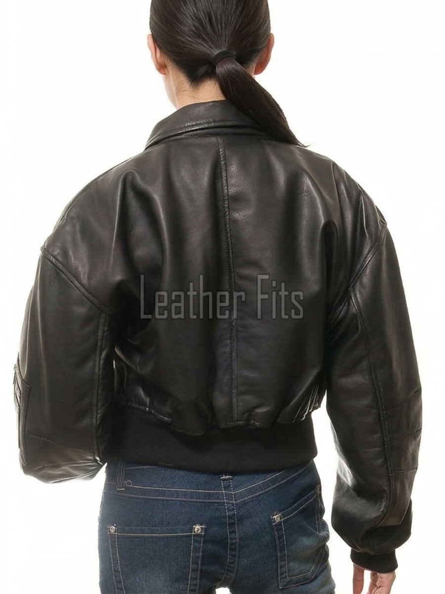 Bold Black Boxy Cropped Aviator Jacket - Women's Premium Lambskin Central Zip Outerwear Ribbed Elastic Hem Sleeve Utility Pocket Short Garment
