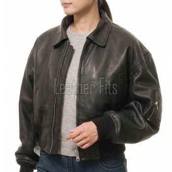 Bold Black Boxy Cropped Aviator Jacket - Women's Premium Lambskin Central Zip Outerwear Ribbed Elastic Hem Sleeve Utility Pocket Short Garment