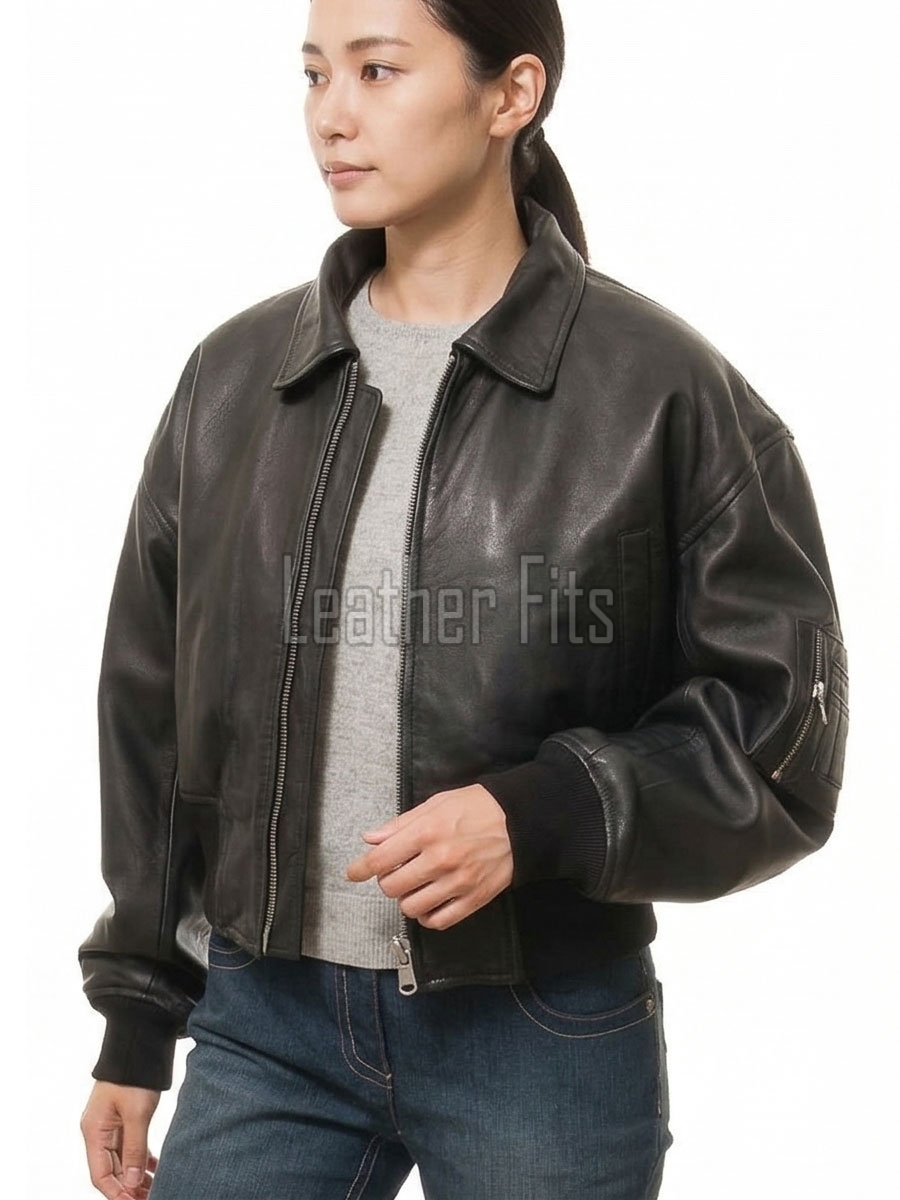 Bold Black Boxy Cropped Aviator Jacket - Women's Premium Lambskin Central Zip Outerwear Ribbed Elastic Hem Sleeve Utility Pocket Short Garment