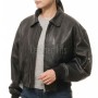 Bold Black Boxy Cropped Aviator Jacket - Women's Premium Lambskin Central Zip Outerwear Ribbed Elastic Hem Sleeve Utility Pocket Short Garment