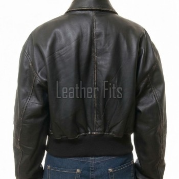 Vintage Distressed Black Cropped Bomber Jacket - Women's Premium Lambskin Central Metal Zip Outerwear Weathered Edge Ribbed Hem Short Garment