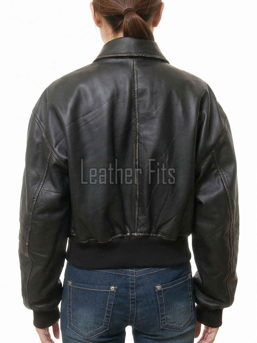 Vintage Distressed Black Cropped Bomber Jacket - Women's Premium Lambskin Central Metal Zip Outerwear Weathered Edge Ribbed Hem Short Garment