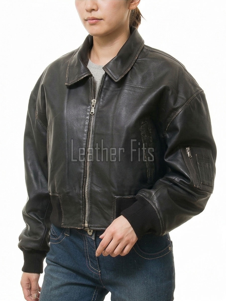 Vintage Distressed Black Cropped Bomber Jacket - Women's Premium Lambskin Central Metal Zip Outerwear Weathered Edge Ribbed Hem Short Garment