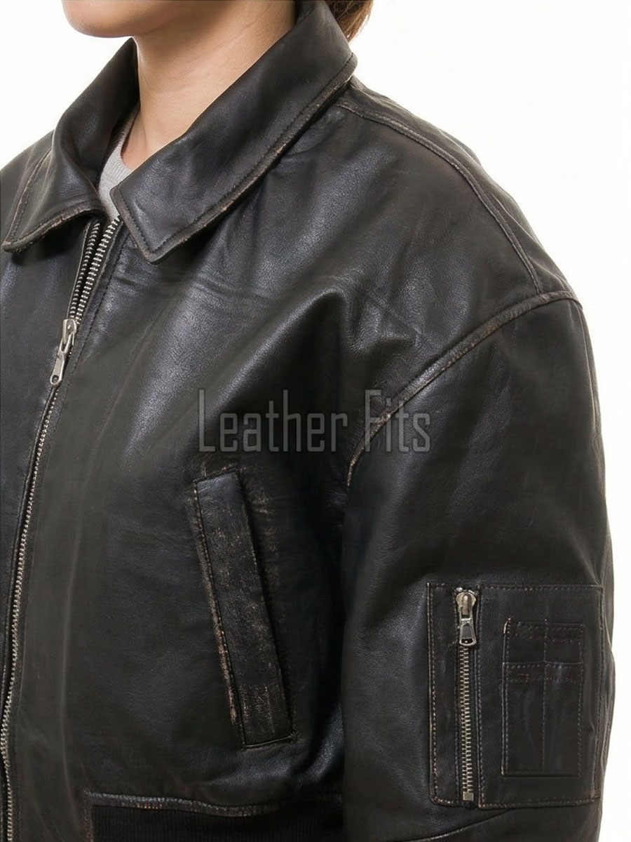 Vintage Distressed Black Cropped Bomber Jacket - Women's Premium Lambskin Central Metal Zip Outerwear Weathered Edge Ribbed Hem Short Garment