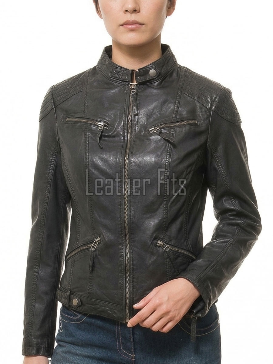 Edgy Onyx Black Hooded Leather Jacket - Women's Genuine Lambskin Central Zip Outerwear Quilted Shoulder Detail Snap Collar Slit Waist Garment