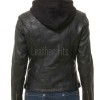 Edgy Onyx Black Hooded Leather Jacket - Women's Genuine Lambskin Central Zip Outerwear Quilted Shoulder Detail Snap Collar Slit Waist Garment
