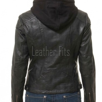Edgy Onyx Black Hooded Leather Jacket - Women's Genuine Lambskin Central Zip Outerwear Quilted Shoulder Detail Snap Collar Slit Waist Garment