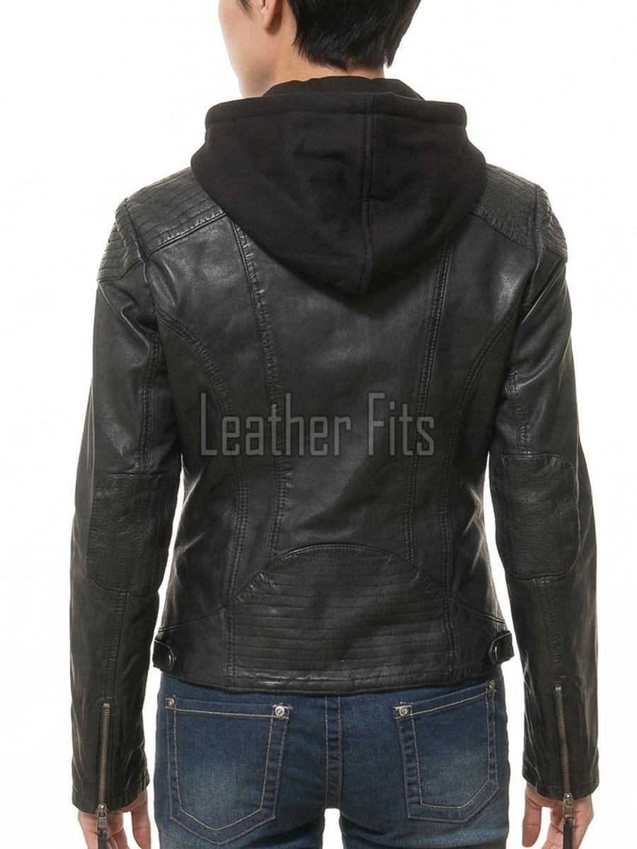 Edgy Onyx Black Hooded Leather Jacket - Women's Genuine Lambskin Central Zip Outerwear Quilted Shoulder Detail Snap Collar Slit Waist Garment