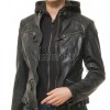 Edgy Onyx Black Hooded Leather Jacket - Women's Genuine Lambskin Central Zip Outerwear Quilted Shoulder Detail Snap Collar Slit Waist Garment