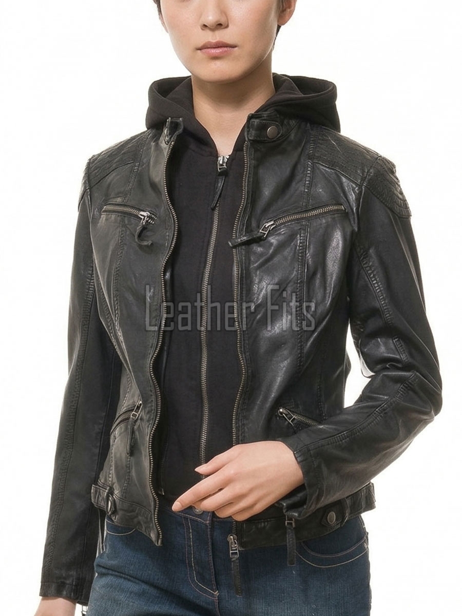 Edgy Onyx Black Hooded Leather Jacket - Women's Genuine Lambskin Central Zip Outerwear Quilted Shoulder Detail Snap Collar Slit Waist Garment