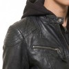 Edgy Onyx Black Hooded Leather Jacket - Women's Genuine Lambskin Central Zip Outerwear Quilted Shoulder Detail Snap Collar Slit Waist Garment
