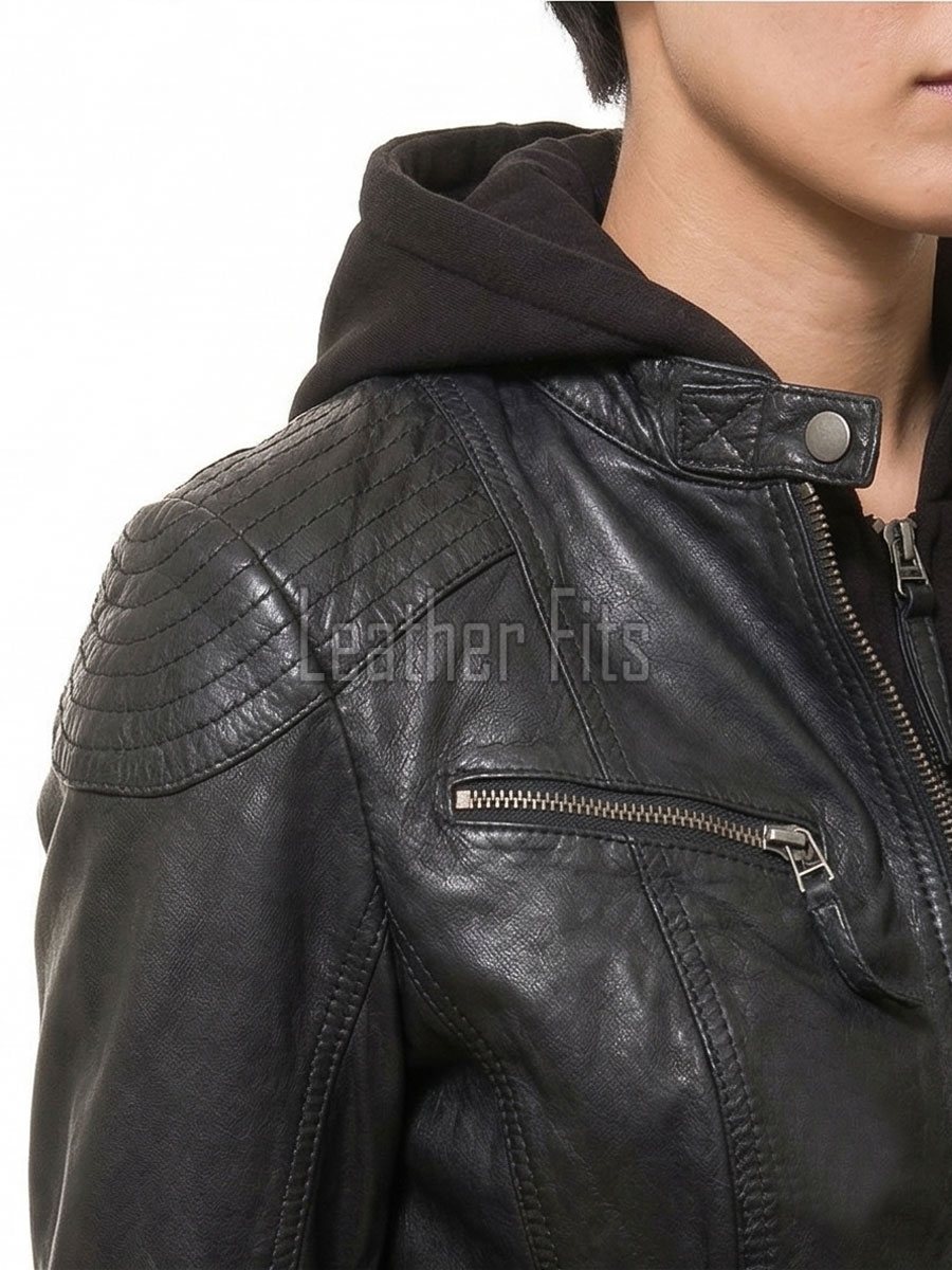 Edgy Onyx Black Hooded Leather Jacket - Women's Genuine Lambskin Central Zip Outerwear Quilted Shoulder Detail Snap Collar Slit Waist Garment