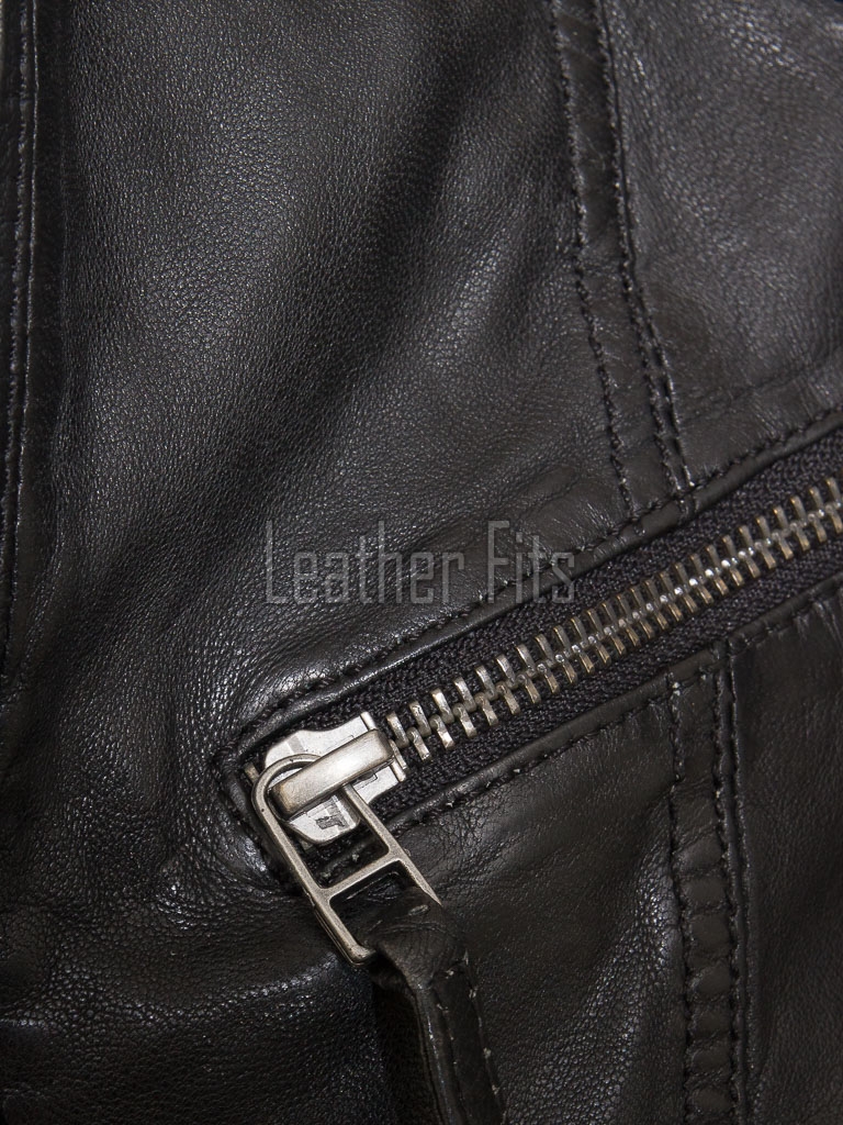Edgy Onyx Black Hooded Leather Jacket - Women's Genuine Lambskin Central Zip Outerwear Quilted Shoulder Detail Snap Collar Slit Waist Garment