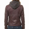 Luxury Plum Maroon Hooded Leather Jacket - Women's Genuine Lambskin Layered Dual Zip Outerwear Quilted Shoulder Detail Snap Hem Moto Garment