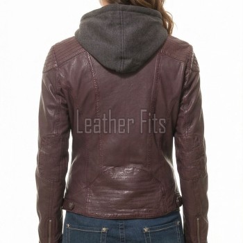 Luxury Plum Maroon Hooded Leather Jacket - Women's Genuine Lambskin Layered Dual Zip Outerwear Quilted Shoulder Detail Snap Hem Moto Garment